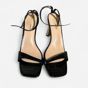 Black Fashion Nova Faux Crocodile Leather Ankle Strapped Y2K Gold Heel